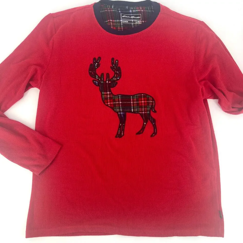 Eddie Bauer Mens Thermal Knit Red Sleep Shirt Reindeer Applique Size L